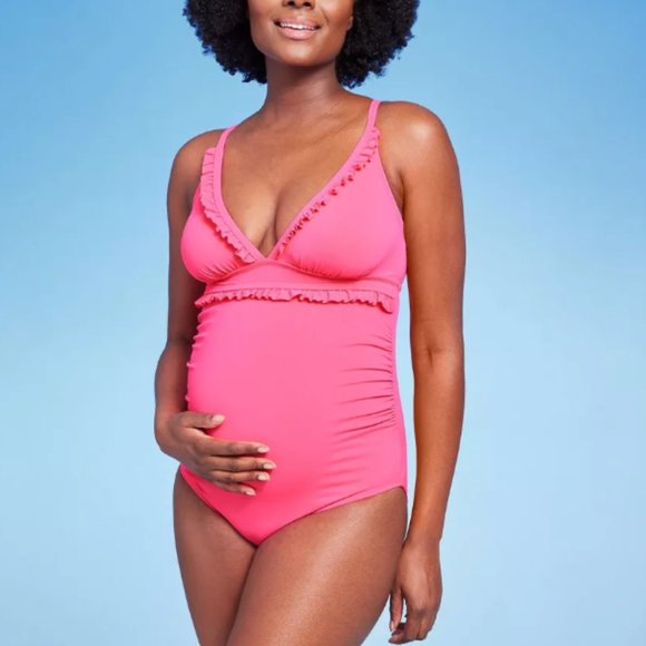 Isabel Maternity Ruffle Neck One Piece Pink Maternity Swimsuit - Picture 1 of 8